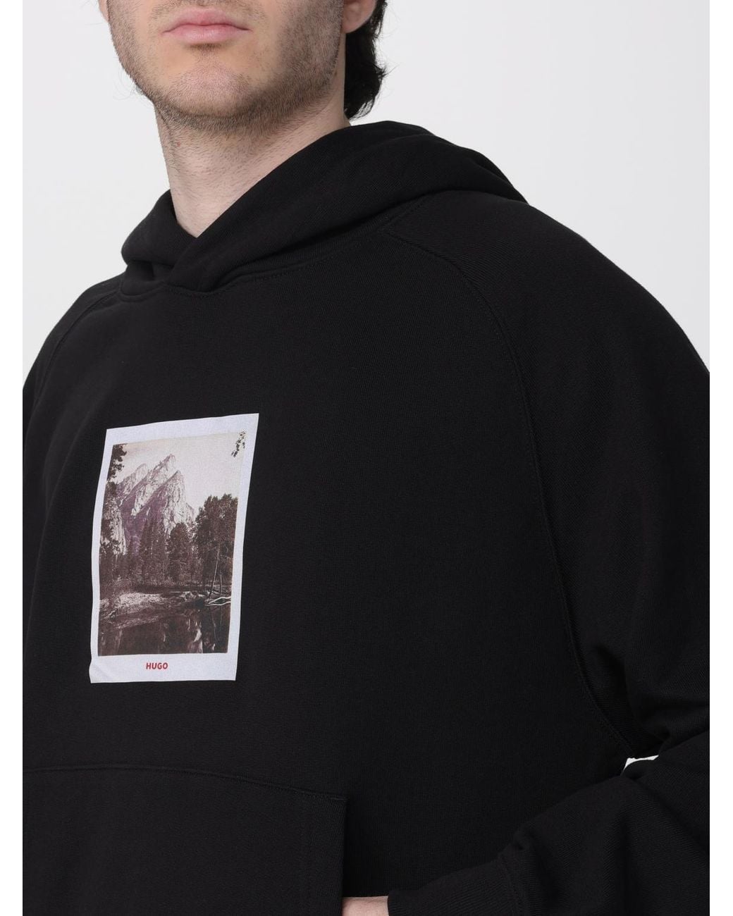 HUGO Black Printed Cotton Hoodie for men