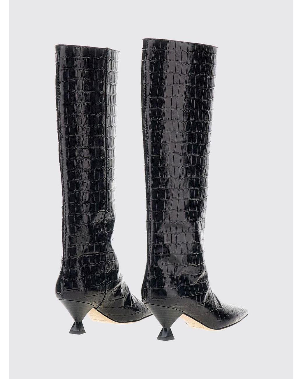 MARIA LUCA Black Noa Knee-High Calfskin Boots With Croc-Effect