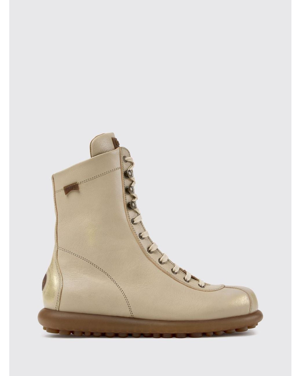 Camper Natural Pelotas Smooth Leather Combat Boots With Lug Sole And Side Zip