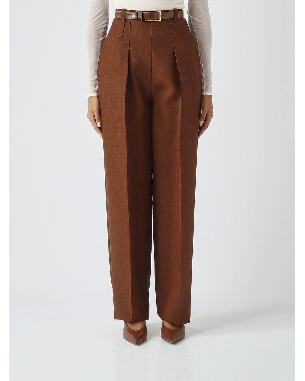Elisabetta Franchi Brown High-Waisted Virgin Wool Palazzo Trousers