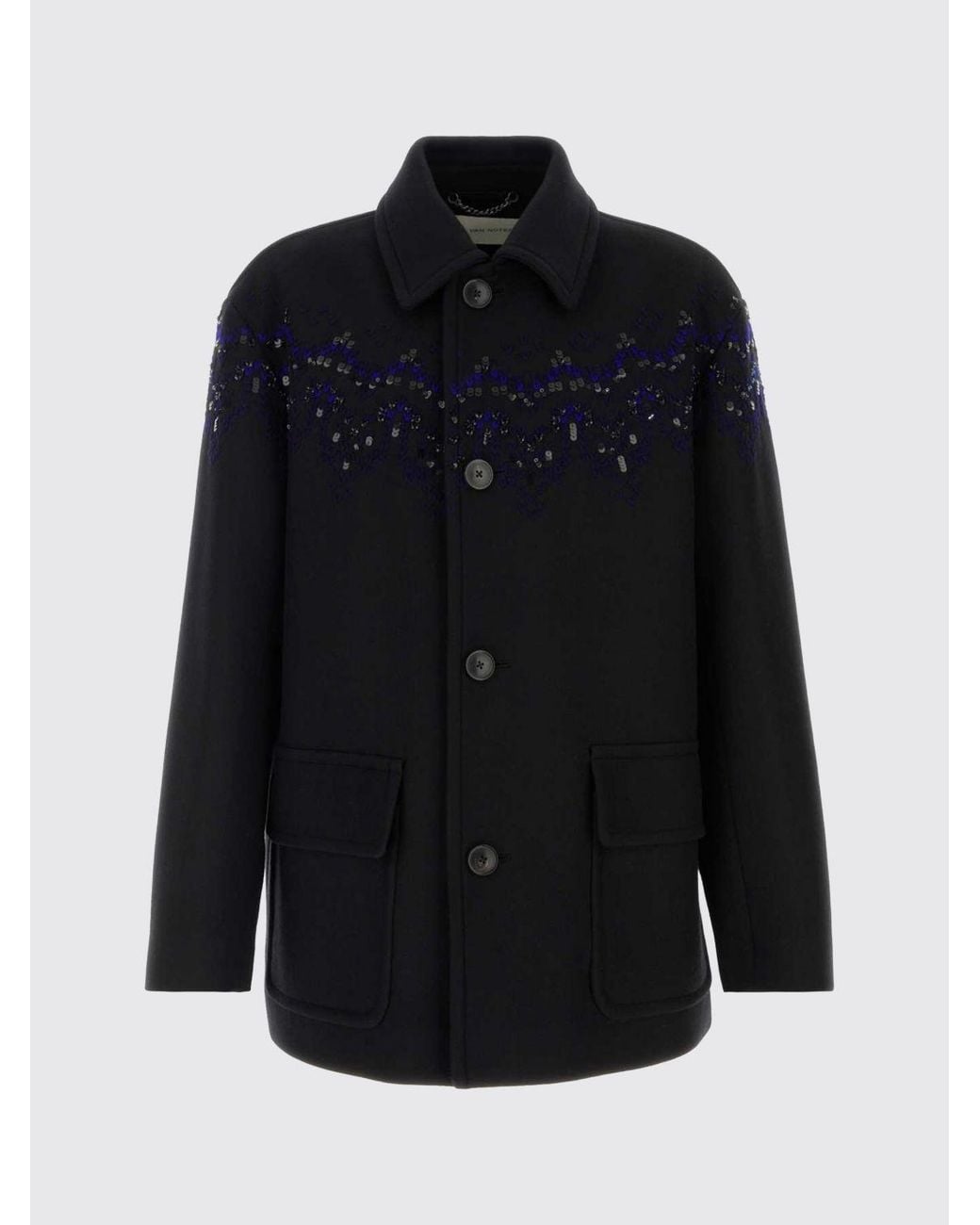 Dries Van Noten Blue Single-Breasted Short Wool Coat With Sequin Appliqués for men