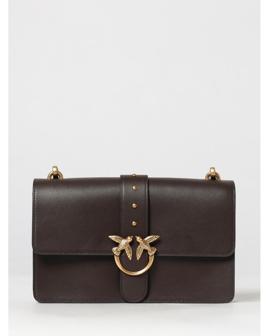 Pinko Gray Love One Classic Smooth Leather Crossbody Bag With Studs And Logo