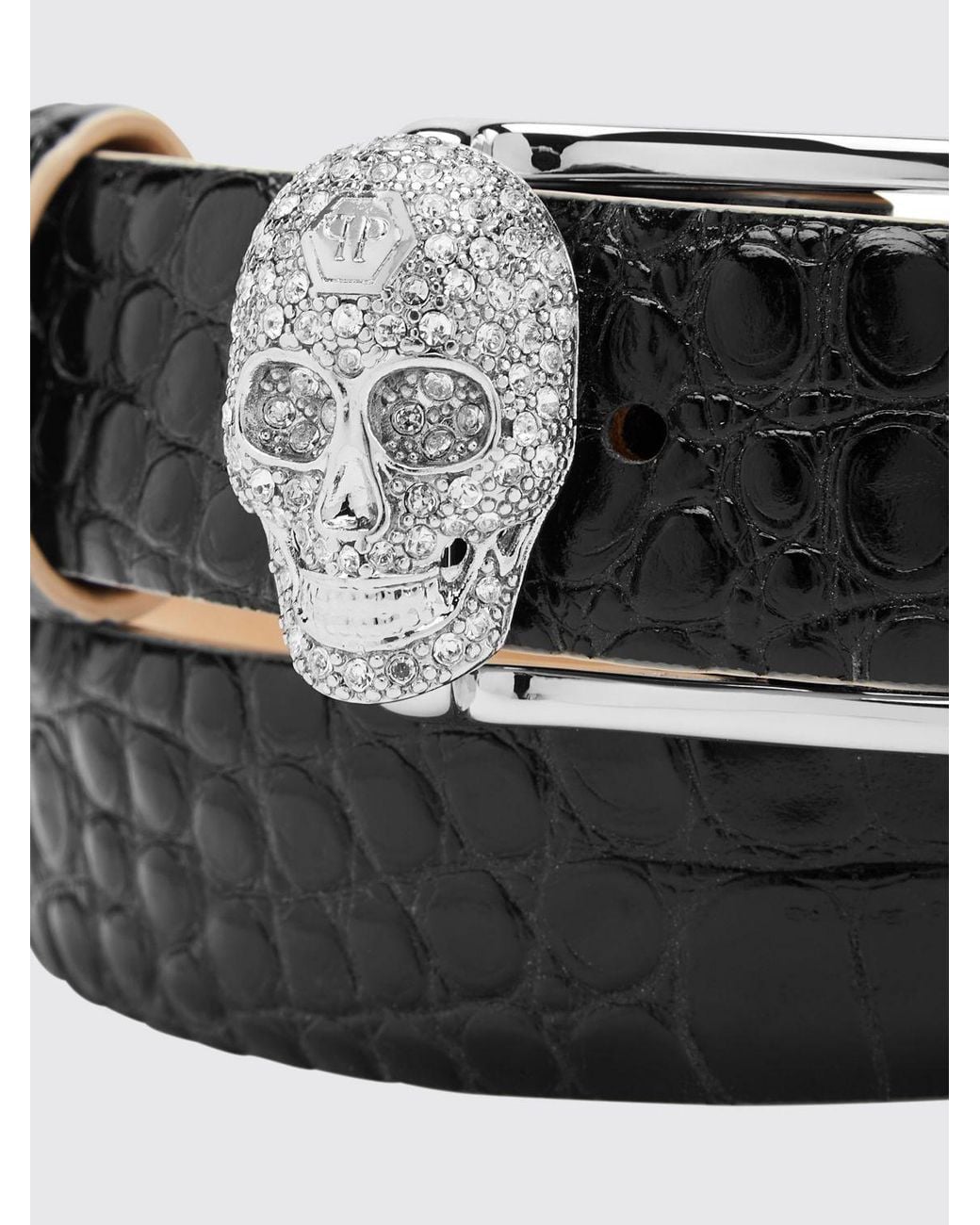 Philipp Plein Black Crocodile Print Leather Belt With Skull And Rhinestones