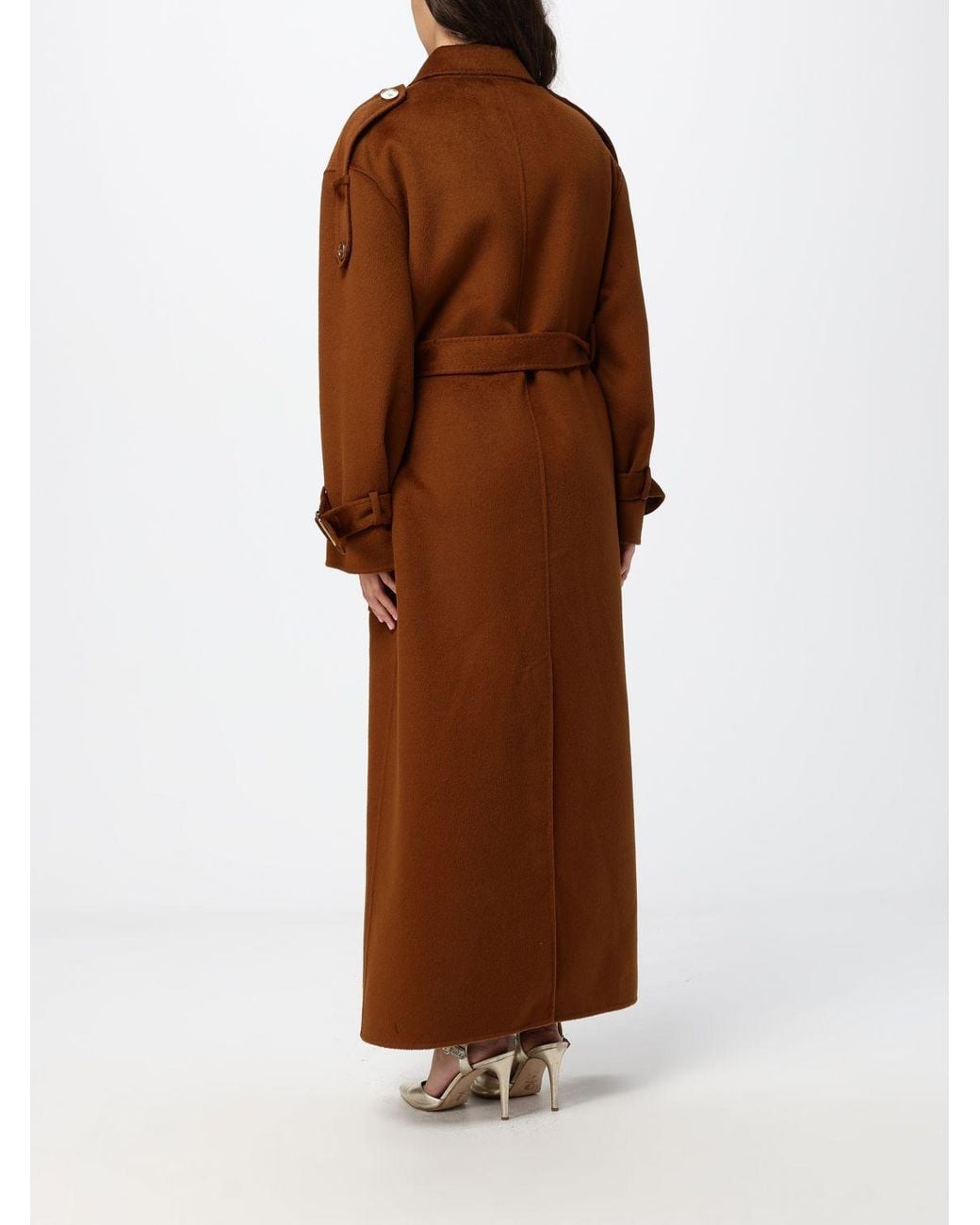 Elisabetta Franchi Brown Double-Breasted Long Wool Coat With Belt