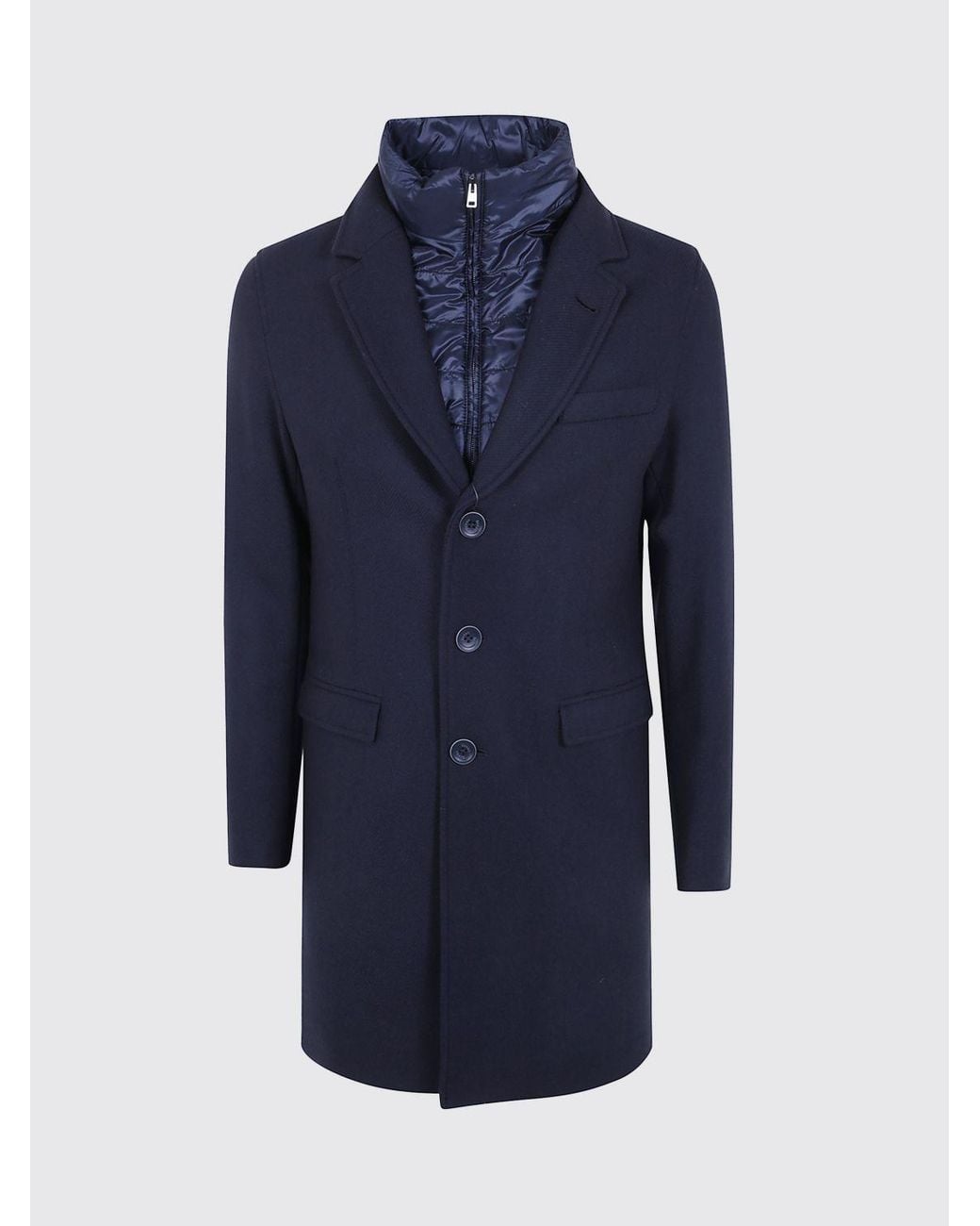 Herno Blue Single-Breasted Wool And Nylon Coat With Quilted Bib for men
