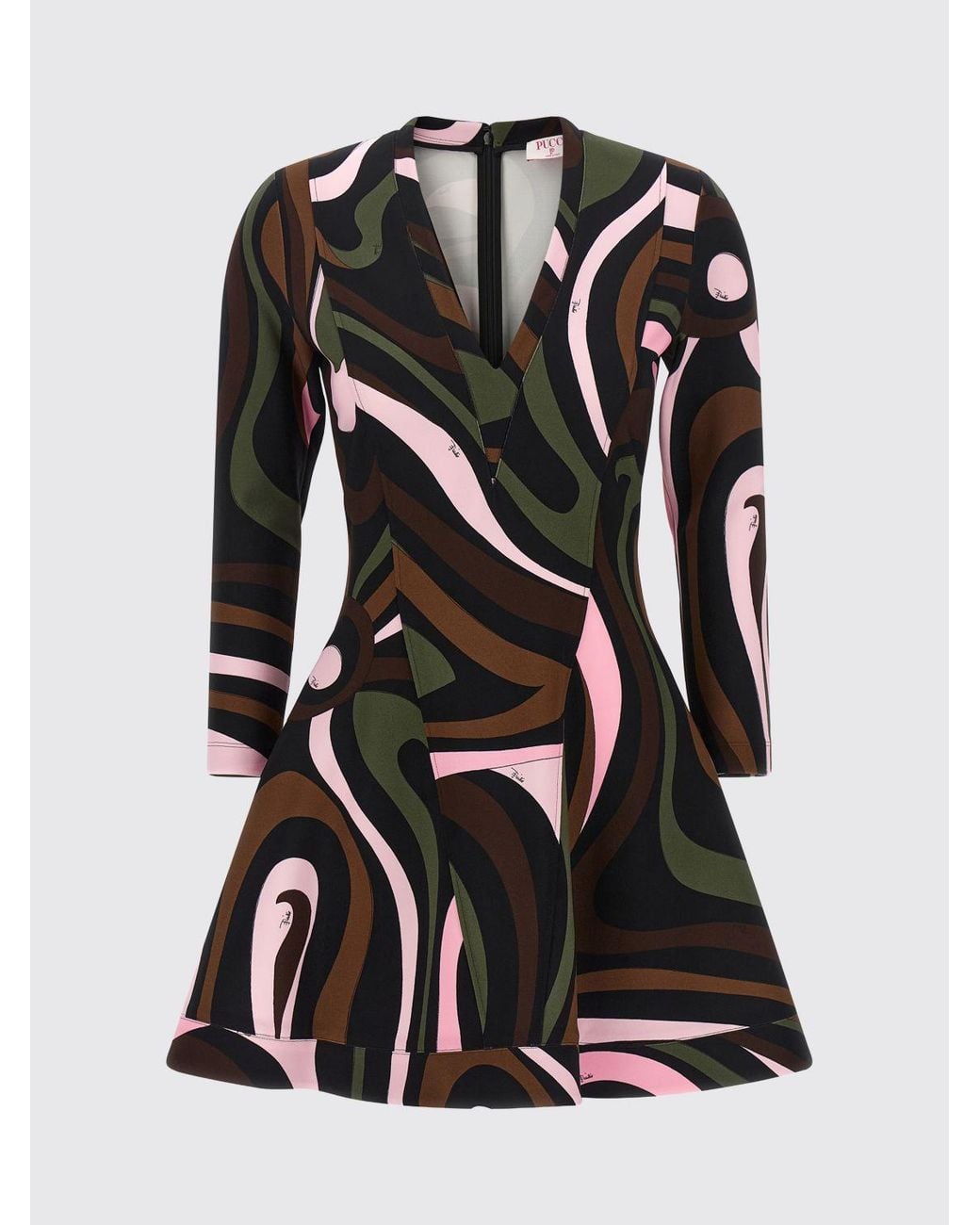 Emilio Pucci Green Marmo Print Viscose Flared Mini Dress With V-Neck