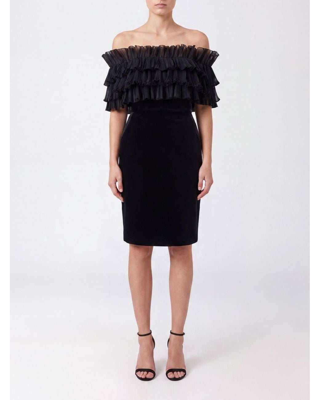 Elisabetta Franchi Black Off-The-Shoulder Embroidered Velvet Midi Sheath Dress