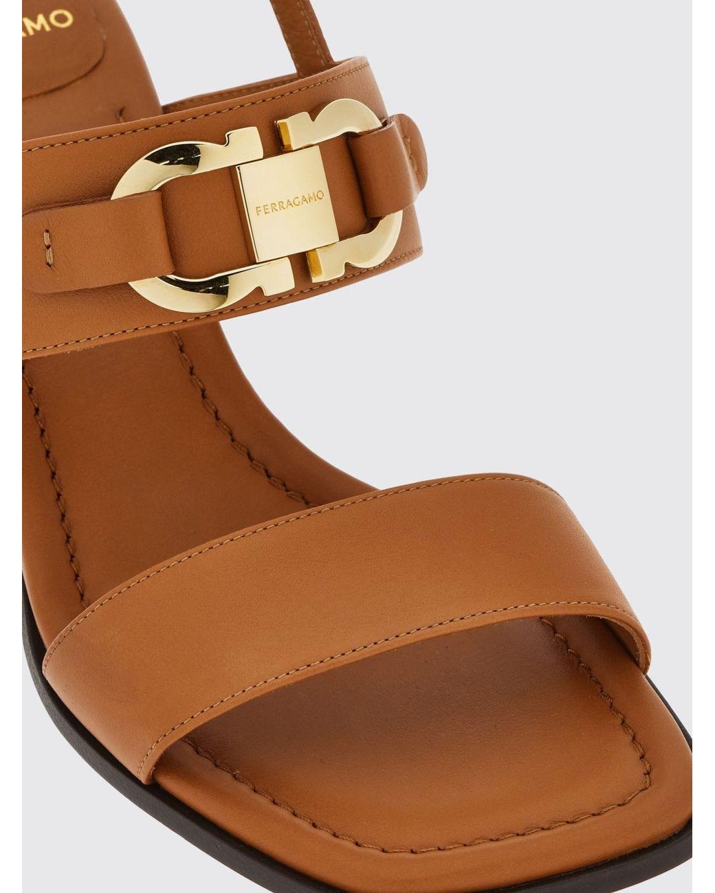 Ferragamo Brown Gancini Logo Calfskin Slingback Sandals With A Block Heel