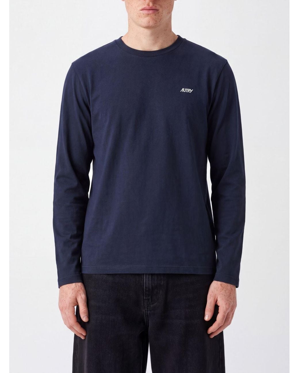 Autry Blue Long-Sleeved Cotton T-Shirt With Contrasting Embroidered Logo for men