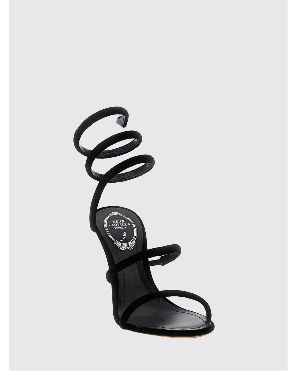 Rene Caovilla Black High-Heeled Velvet Sandals With Snake Strap And Stiletto Heel