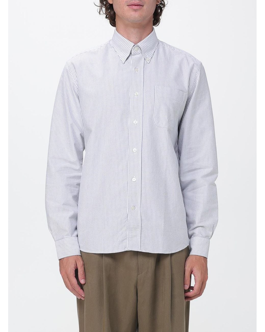 Sebago Gray Striped Cotton Poplin Shirt With Button-Down Collar for men
