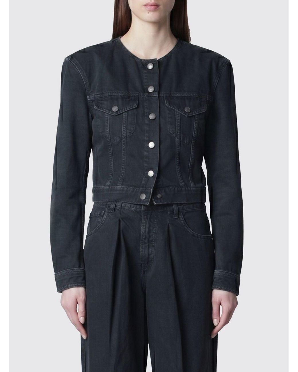 Haikure Blue Cropped Cotton Denim Jacket With Padded Shoulders