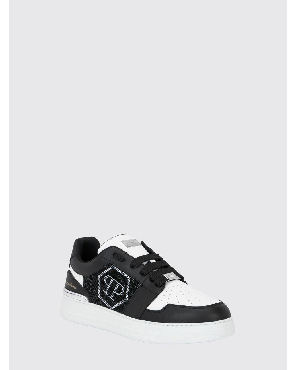 Philipp Plein White Hexagon Royale Leather Sneakers With Rhinestone Hexagon Logo for men