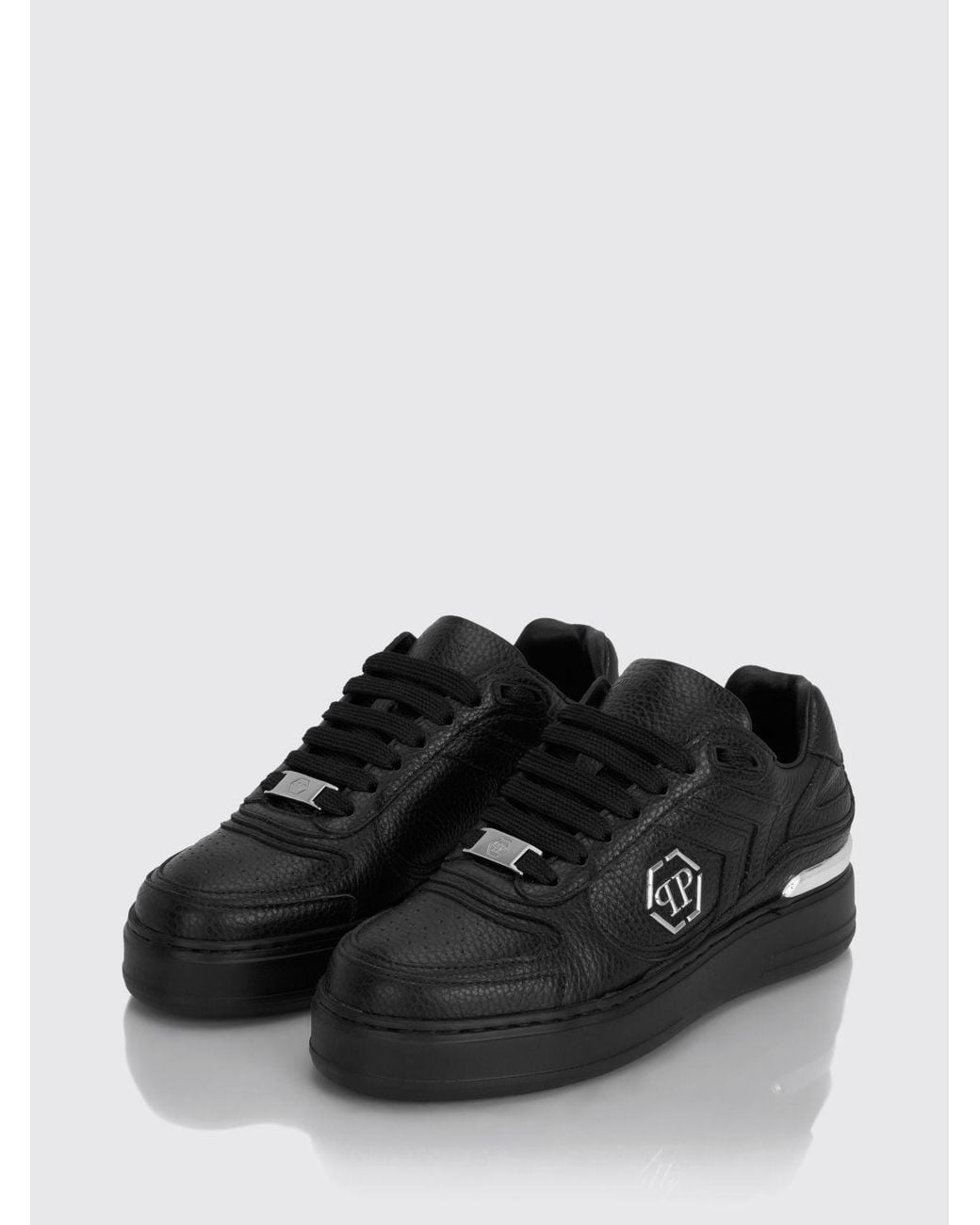 Philipp Plein Black Pit-$Top Monogram Leather Low-Top Trainers With Hexagon Logo for men