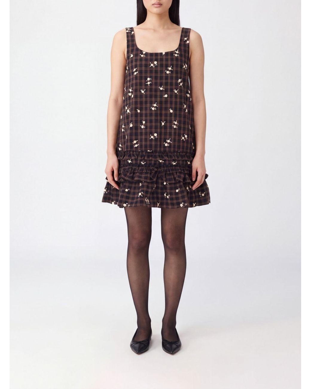 Ganni Brown Check A-Line Organic Cotton Mini Dress With Square Neckline