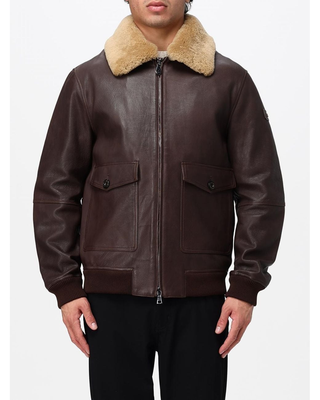 Peuterey Brown Short Shearling Leather Jacket With Fur Collar for men