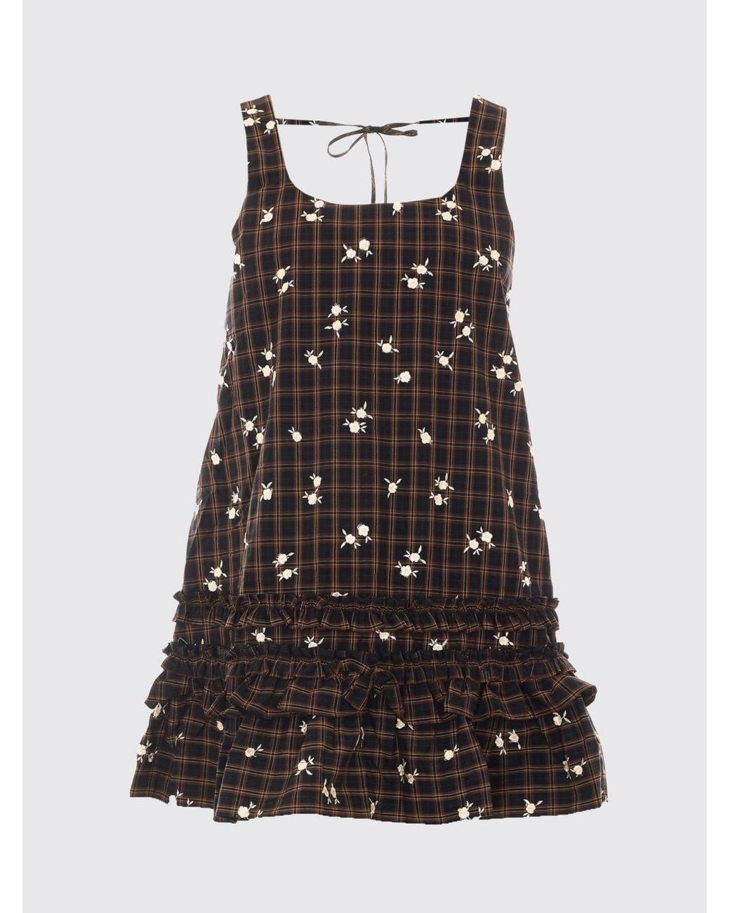 Ganni Brown Check A-Line Organic Cotton Mini Dress With Square Neckline