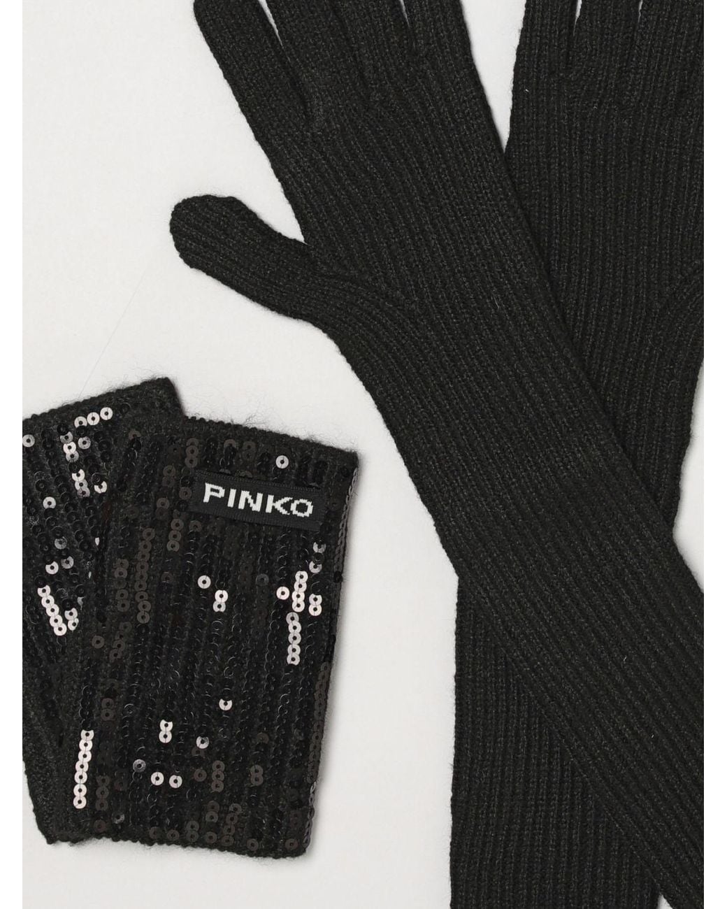 Pinko Black Sequin-Embroidered Polyester Gloves With Ribbed Cuffs