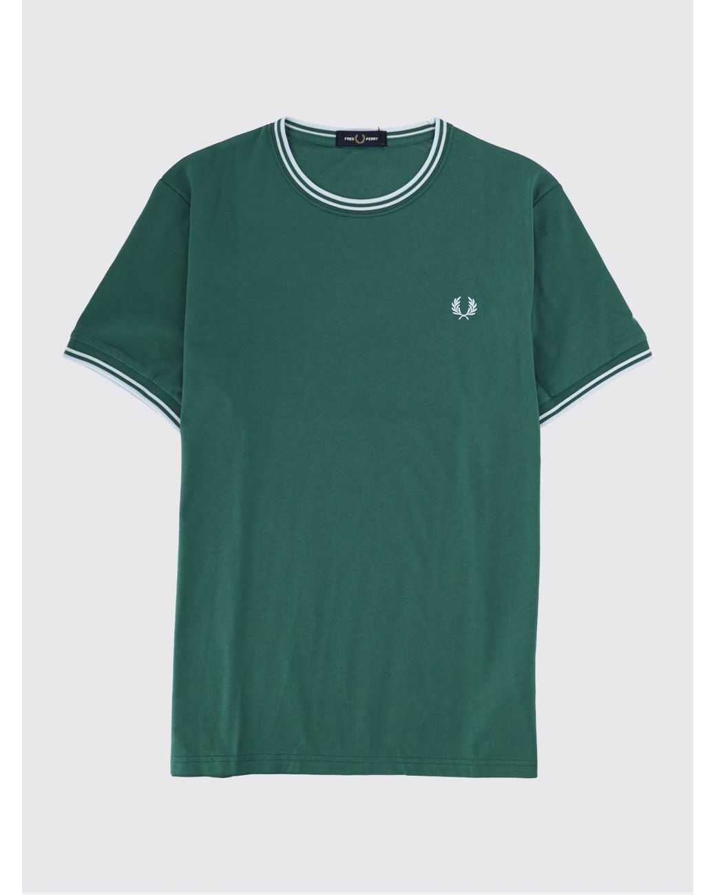 Fred Perry Green Slim Fit Cotton T-Shirt With Contrast Trims And Embroidered Logo for men