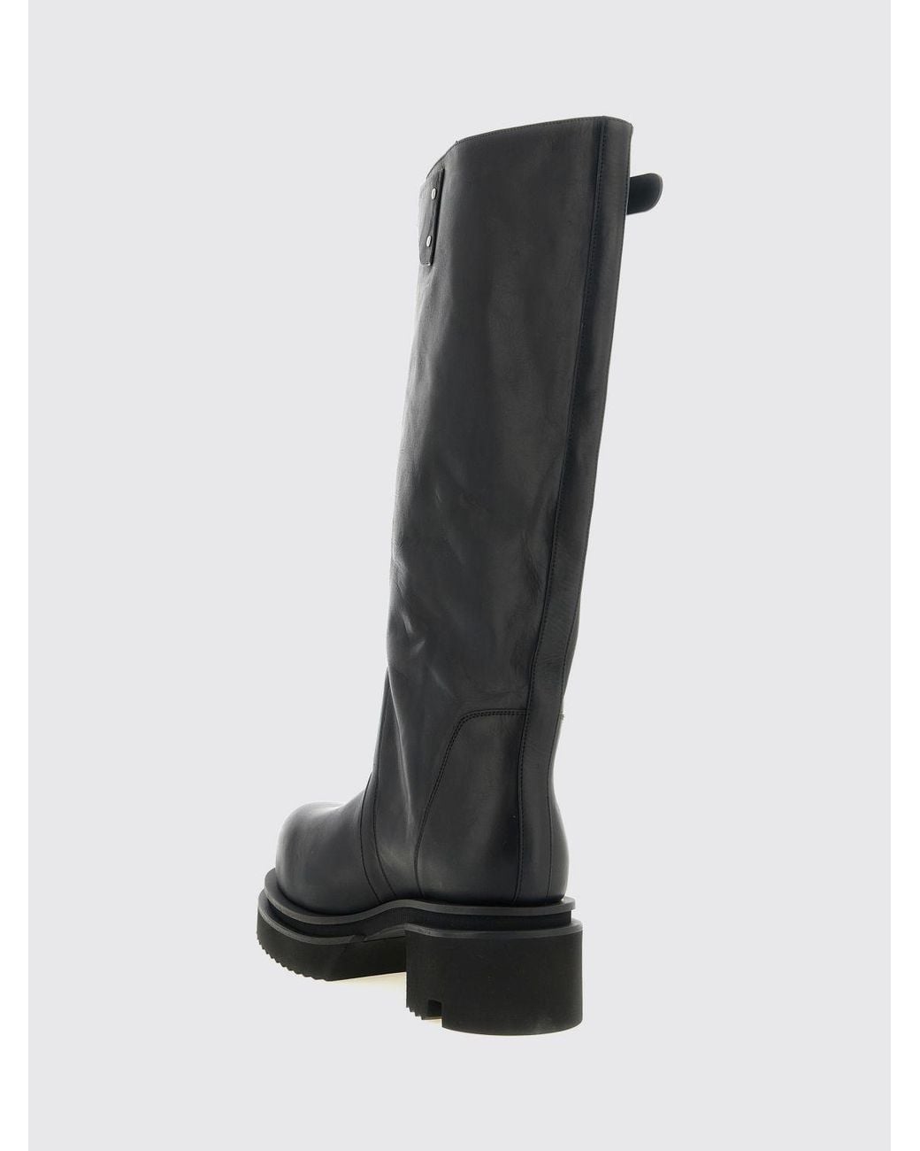 Rick Owens Black Knee-High Calfskin Leather Biker Boots With Lug Sole for men