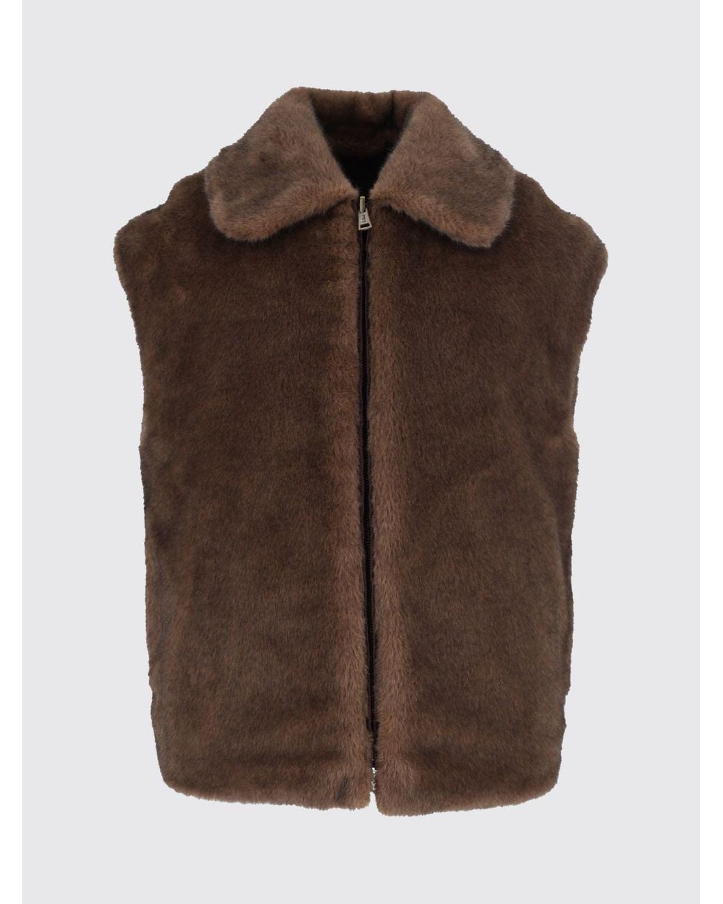 Mc2 Saint Barth Brown Cropped Faux Fur Vest With Zip Closure And Slit Pockets