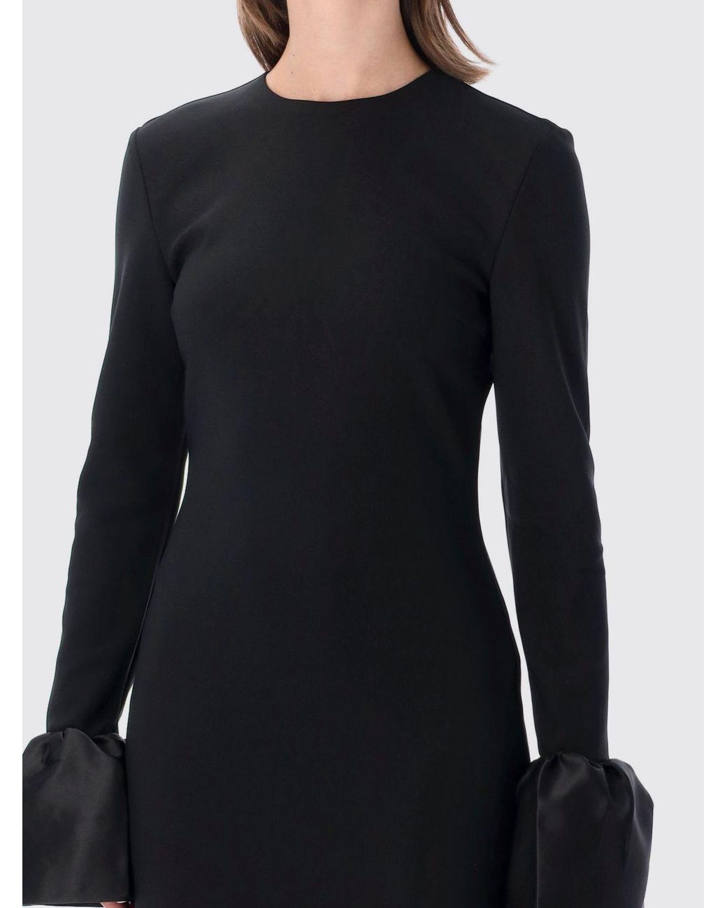 ROTATE BIRGER CHRISTENSEN Black Slim Fit Crêpe Sheath Mini Dress With Floral Appliqué And Long Sleeves