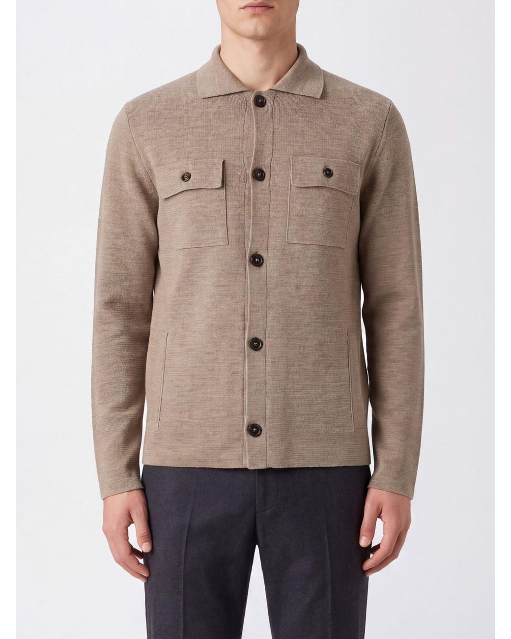 Zanone Natural Pure Virgin Wool Cardigan With Classic Collar And Patch Pockets for men
