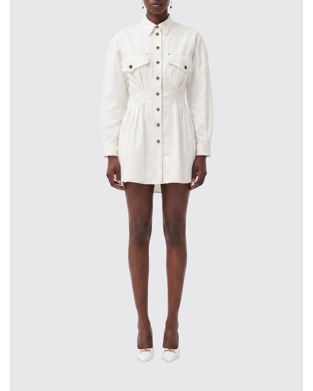 Versace White Slim Fit Cotton Poplin Mini Shirtdress With Patch Pockets