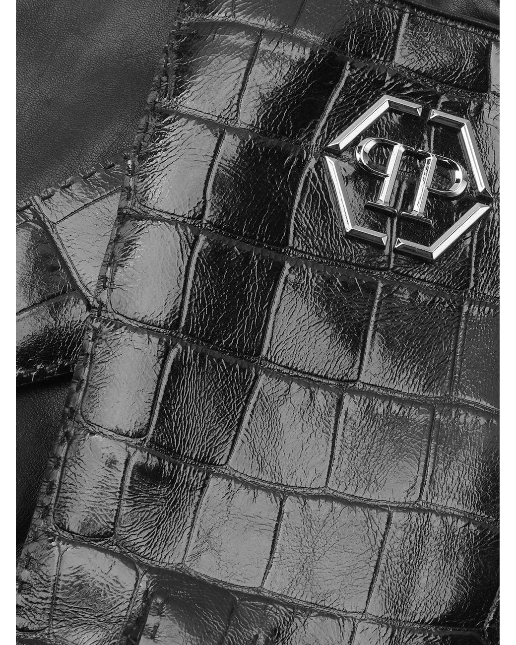 Philipp Plein Gray Crocodile-Effect Nappa Leather Gloves With Metal Hexagon Logo for men