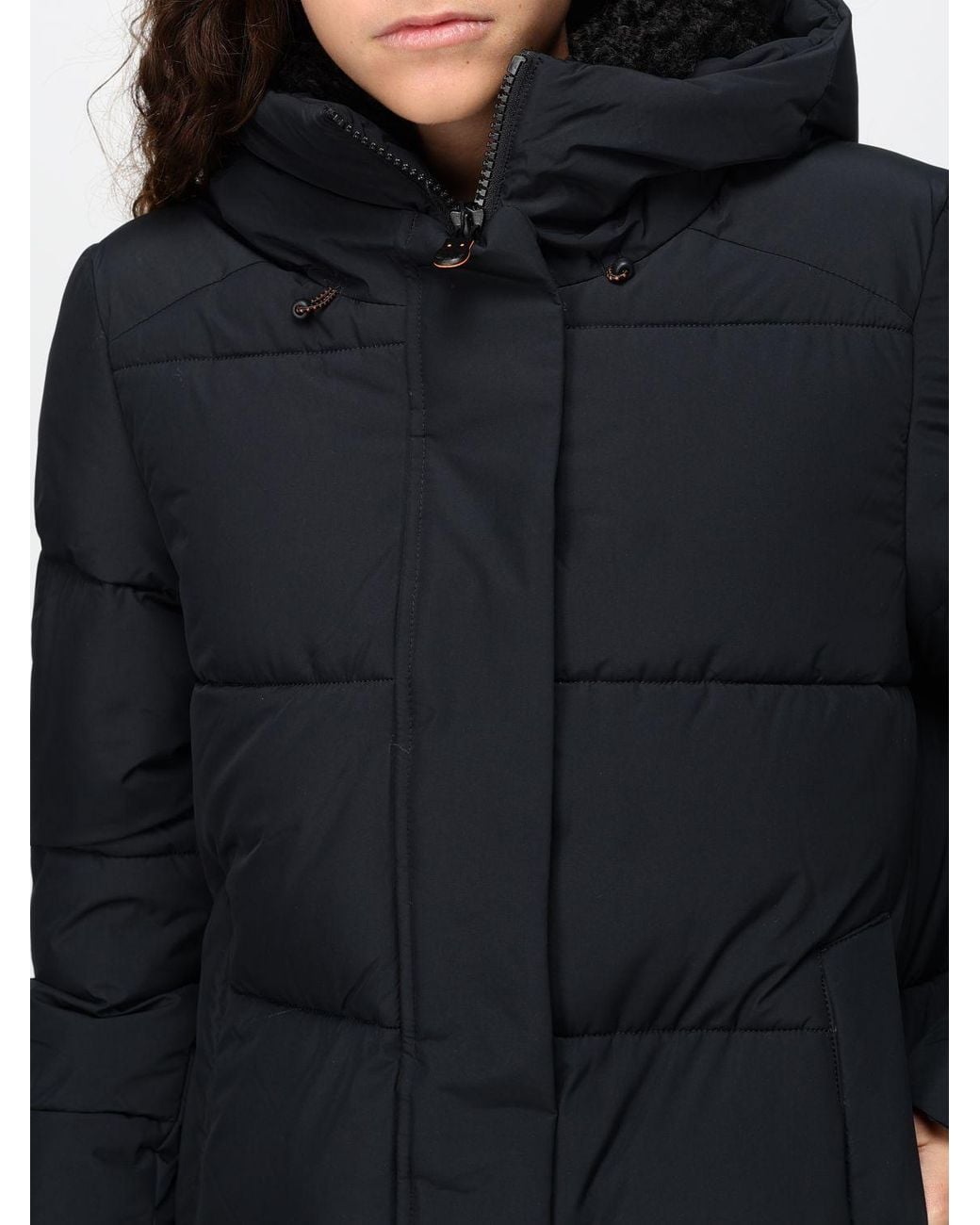Save The Duck Blue Knee-Length Quilted Puffer Jacket With Hood And High Neck