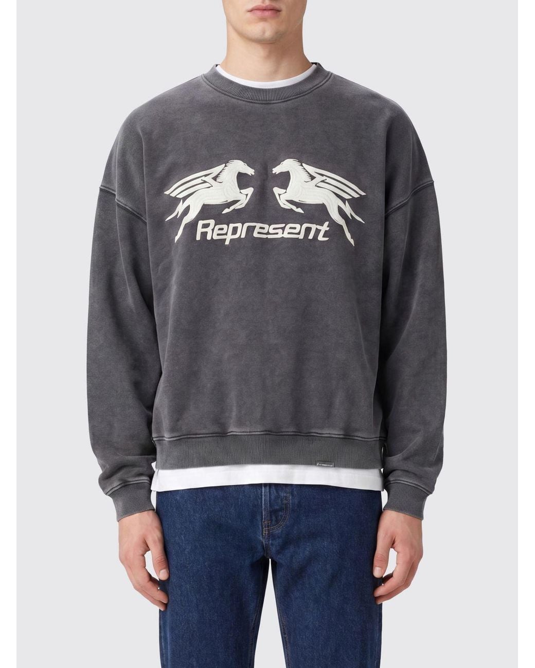 Represent Gray Cotton Logo Crewneck Sweatshirt for men