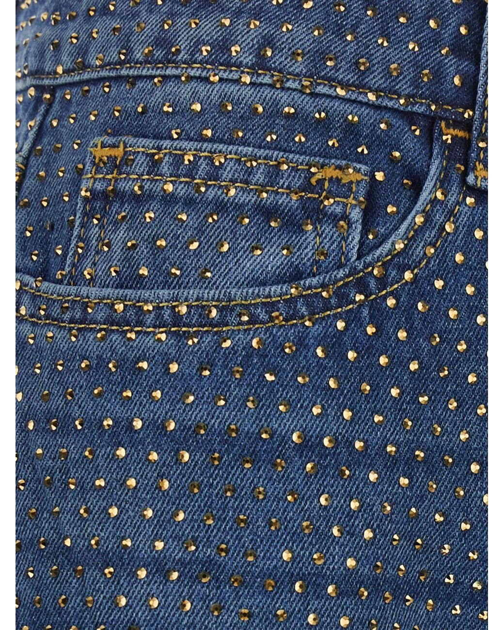 Elisabetta Franchi Blue High-Waisted Wide-Leg Denim Jeans With Rhinestones