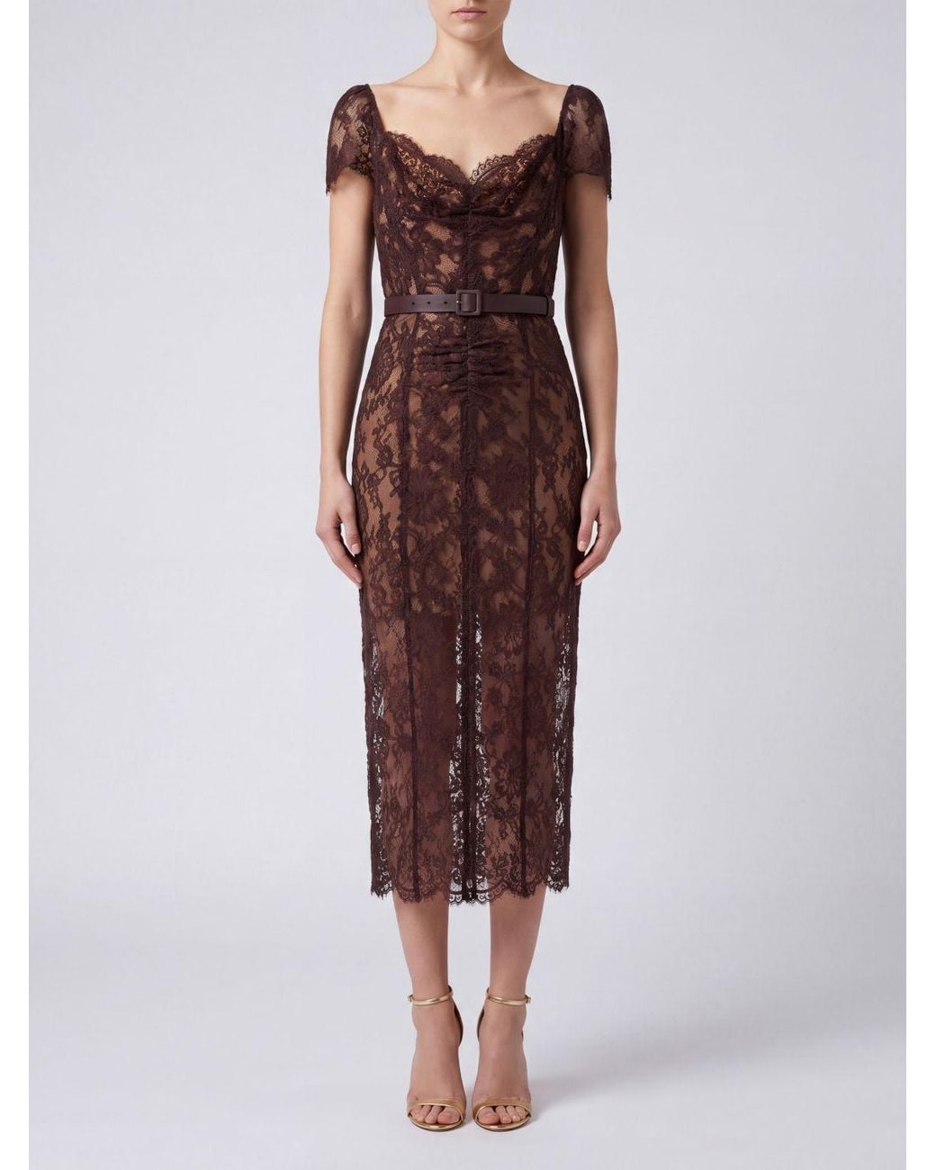 Self-Portrait Red Lace Midi Sheath Dress With Square Neckline And Slit