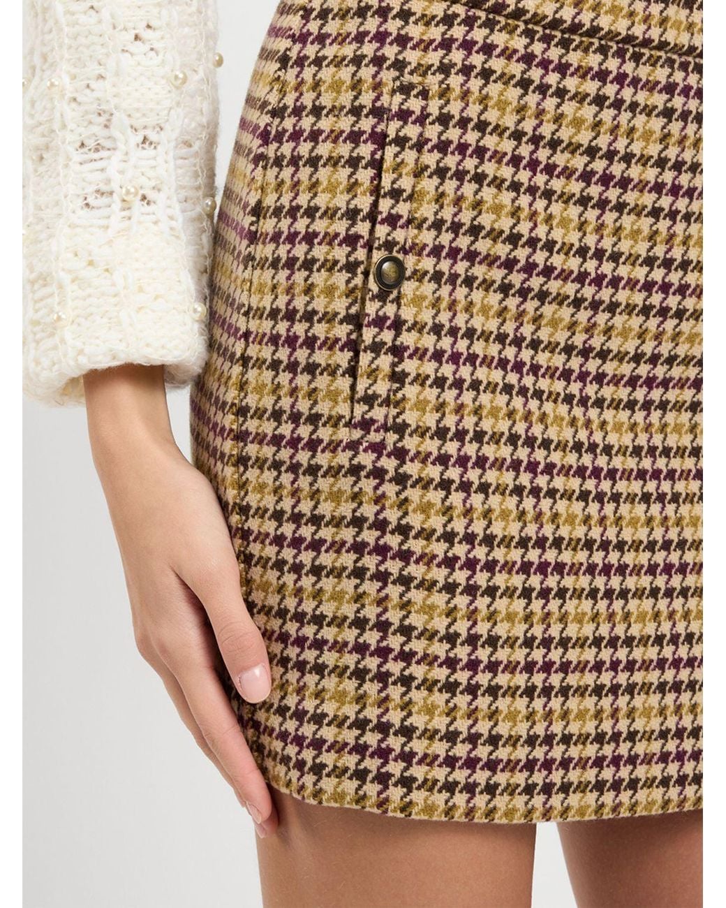 Twinset Natural Slim Fit Houndstooth Cotton-Blend Pencil Mini Skirt