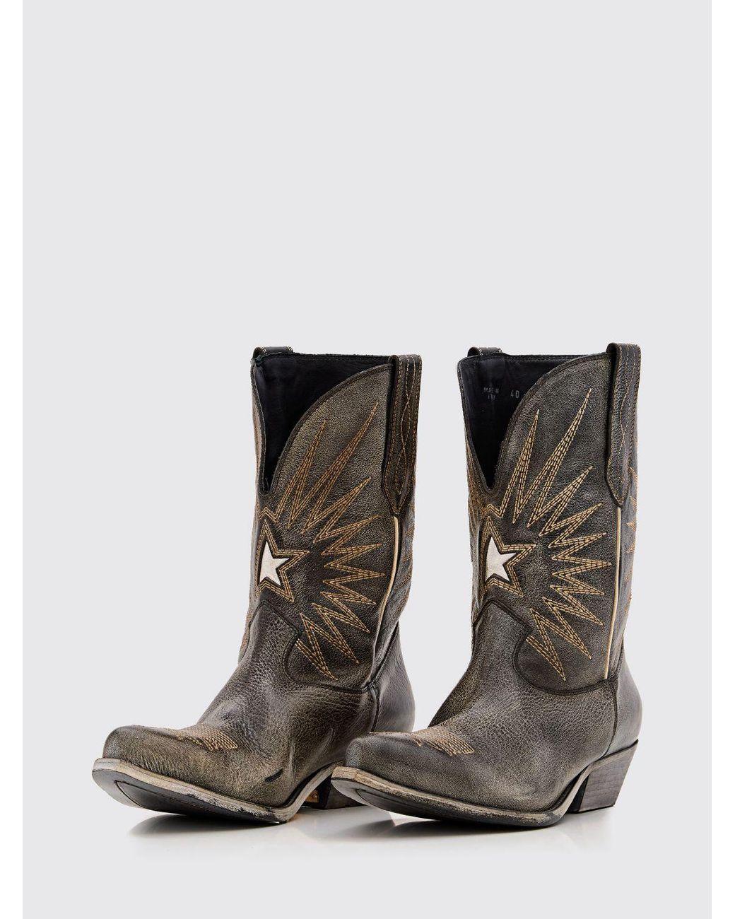 Golden Goose Deluxe Brand Gray Wish Star Distressed Leather Cowboy Boots With Star Embroidery