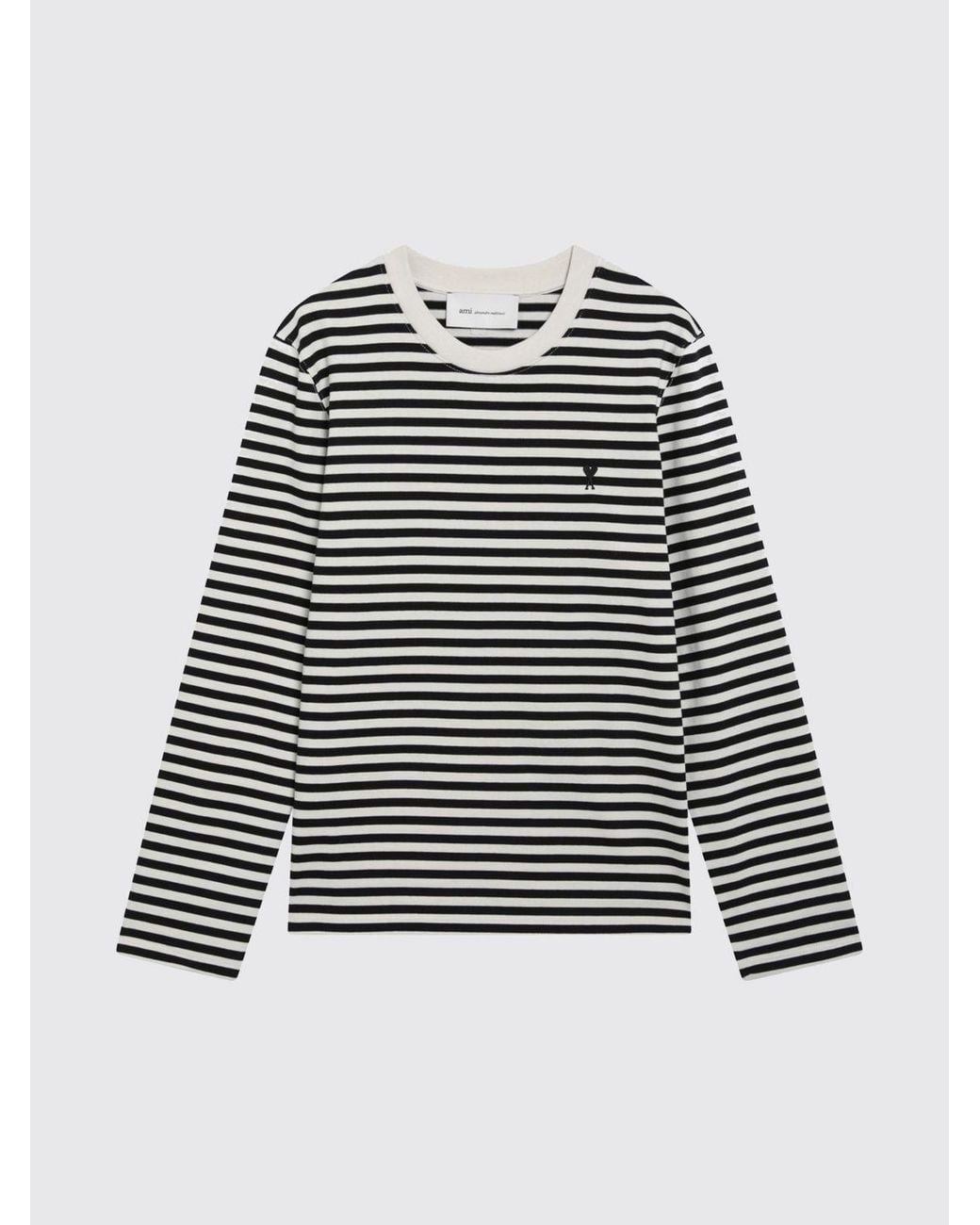 AMI Black Striped Long-Sleeved Cotton T-Shirt With Embroidered Logo