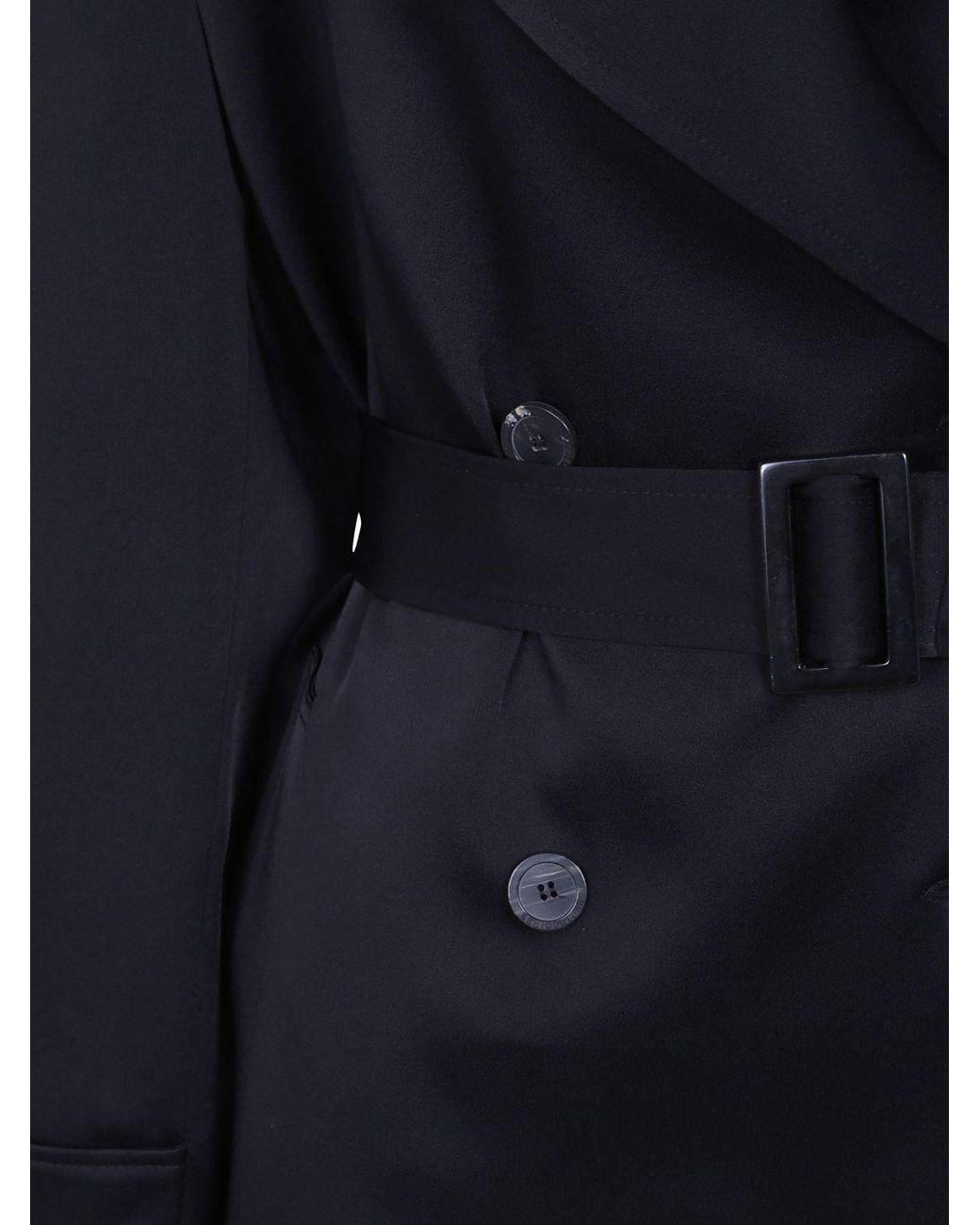 Semicouture Blue Long Double-Breasted Satin Trench Coat With Adjustable Belt