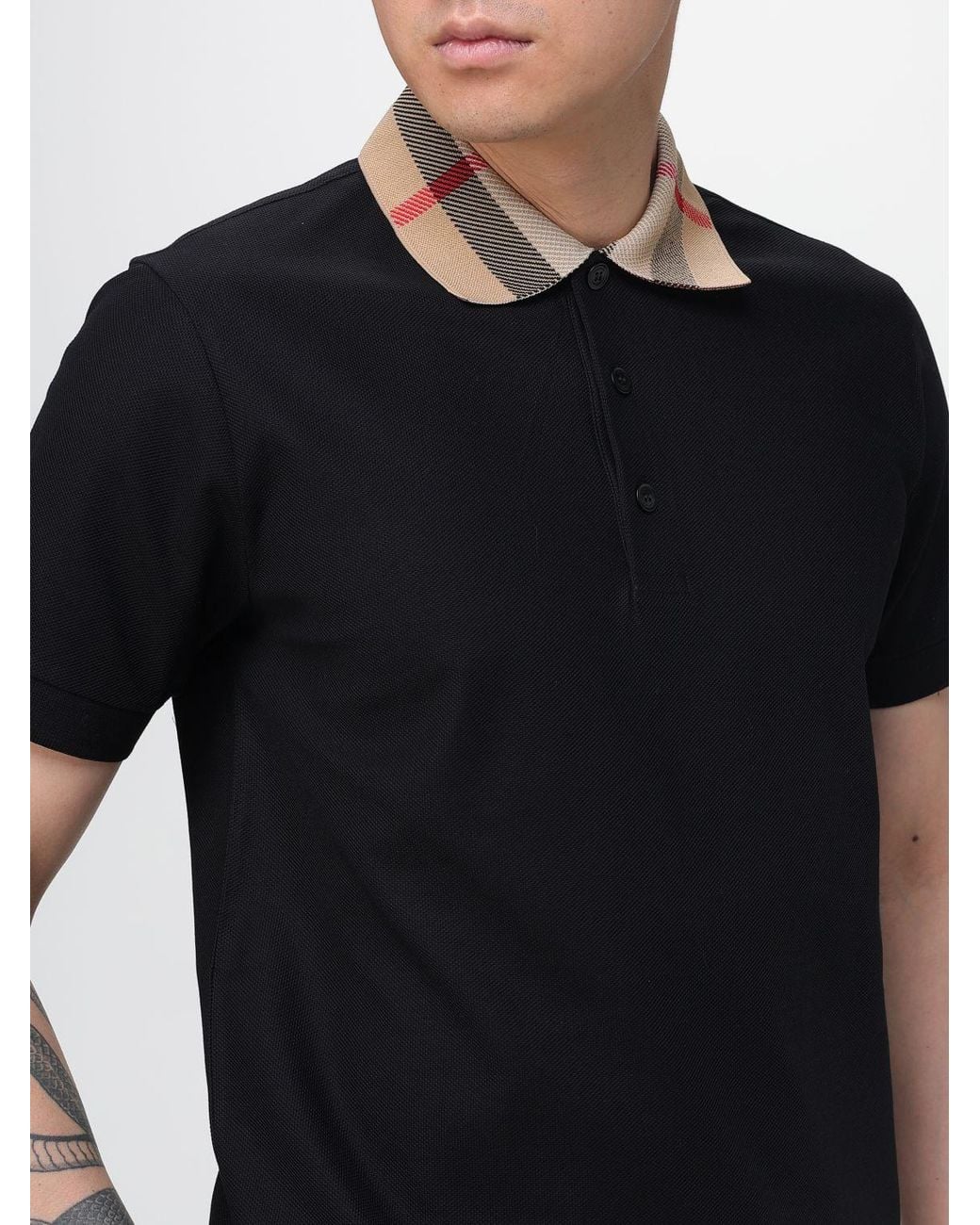 Burberry Black Cotton Polo Shirt With Check Collar for men