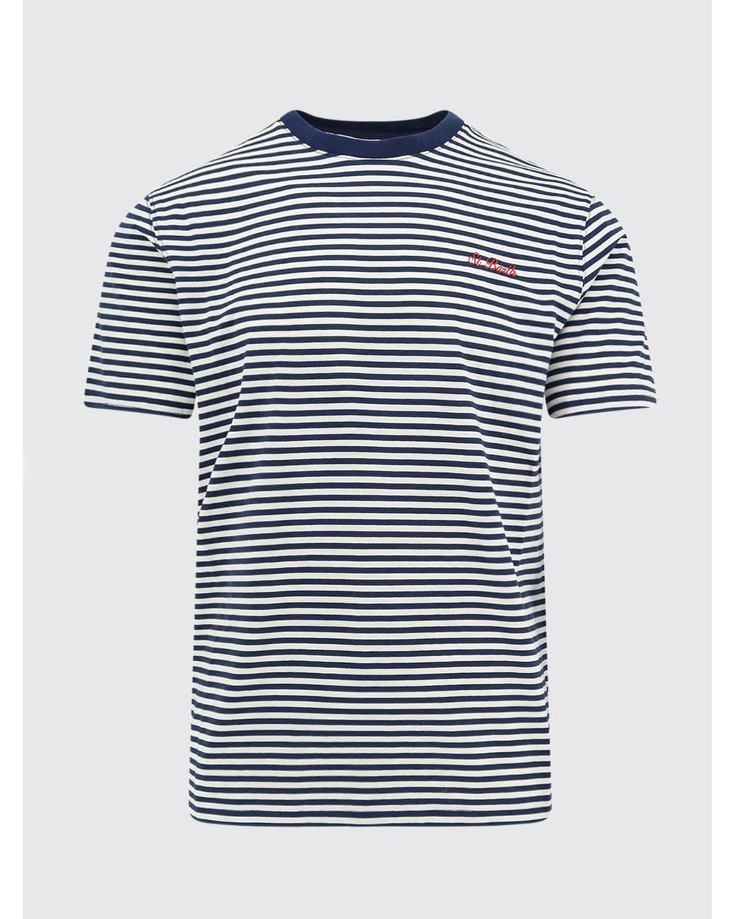 Mc2 Saint Barth Blue Striped Slim Fit Cotton T-Shirt With Contrast Logo for men