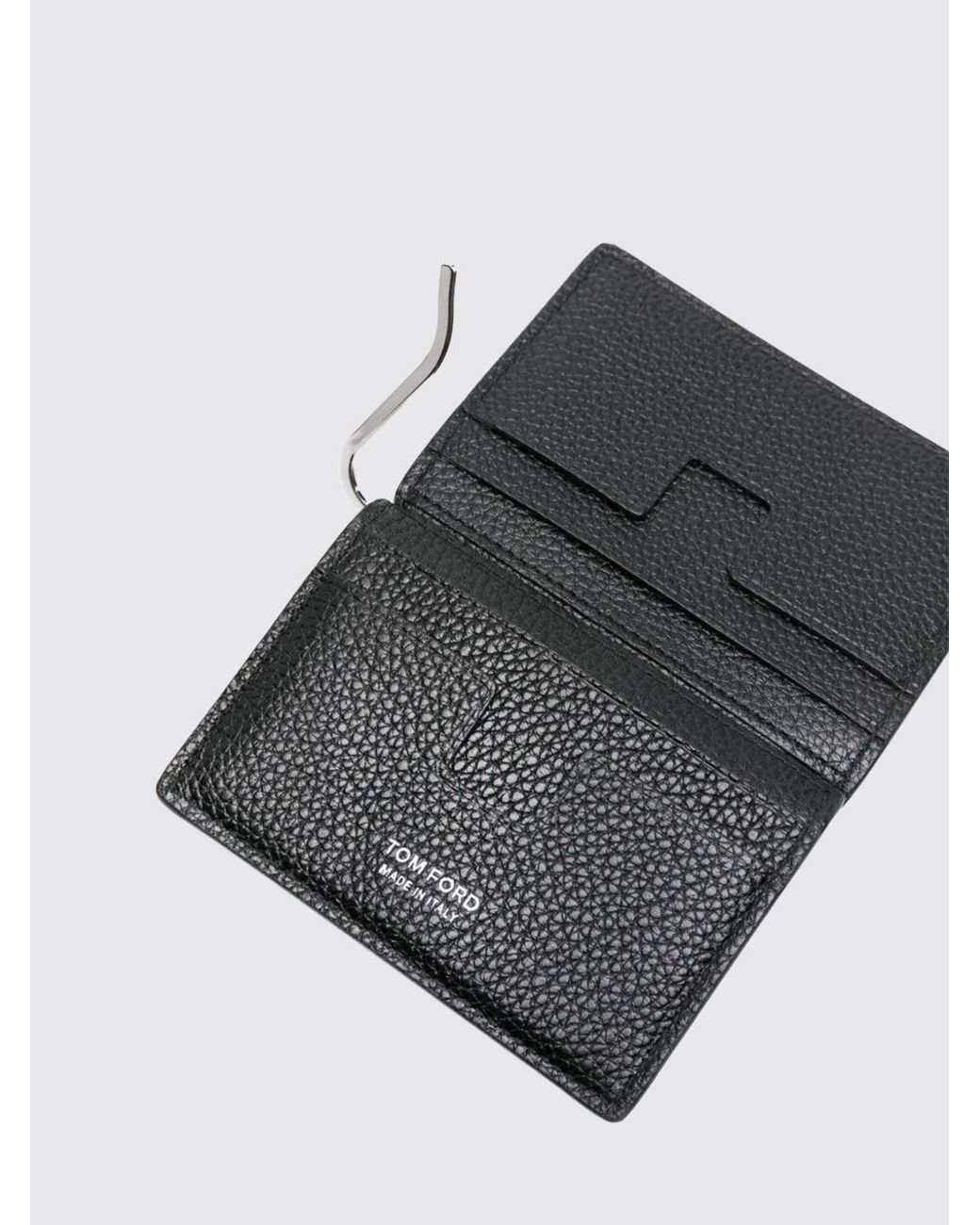 Tom Ford Gray Bifold Leather Card Holder With Money Clip And Laminated Logo for men