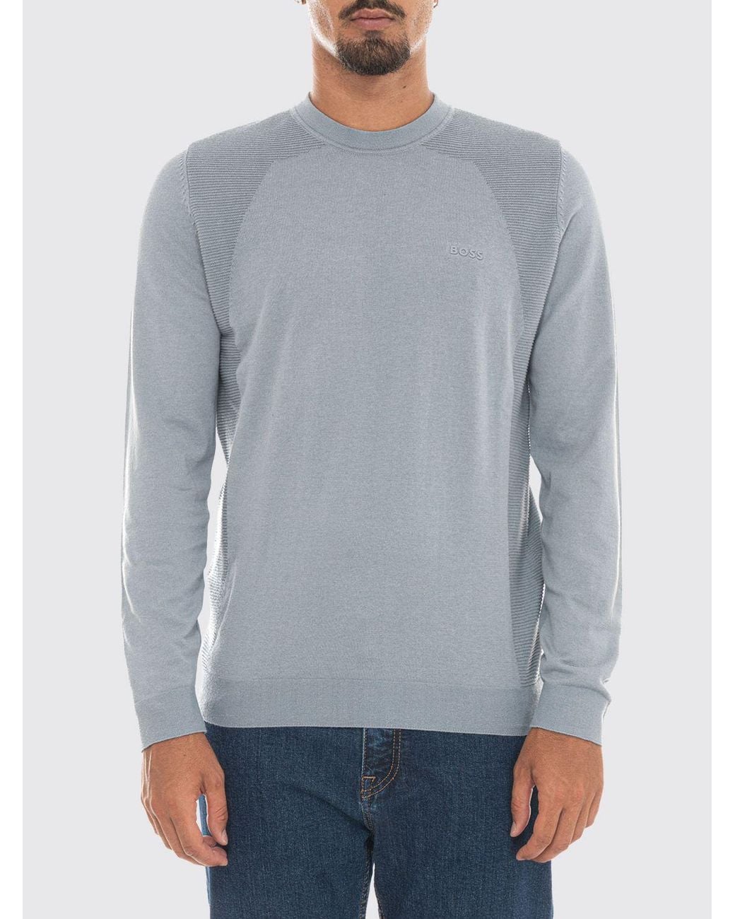 Boss Gray Cotton Blend Crew Neck Jumper With Long Sleeves And Ribbed Trims for men