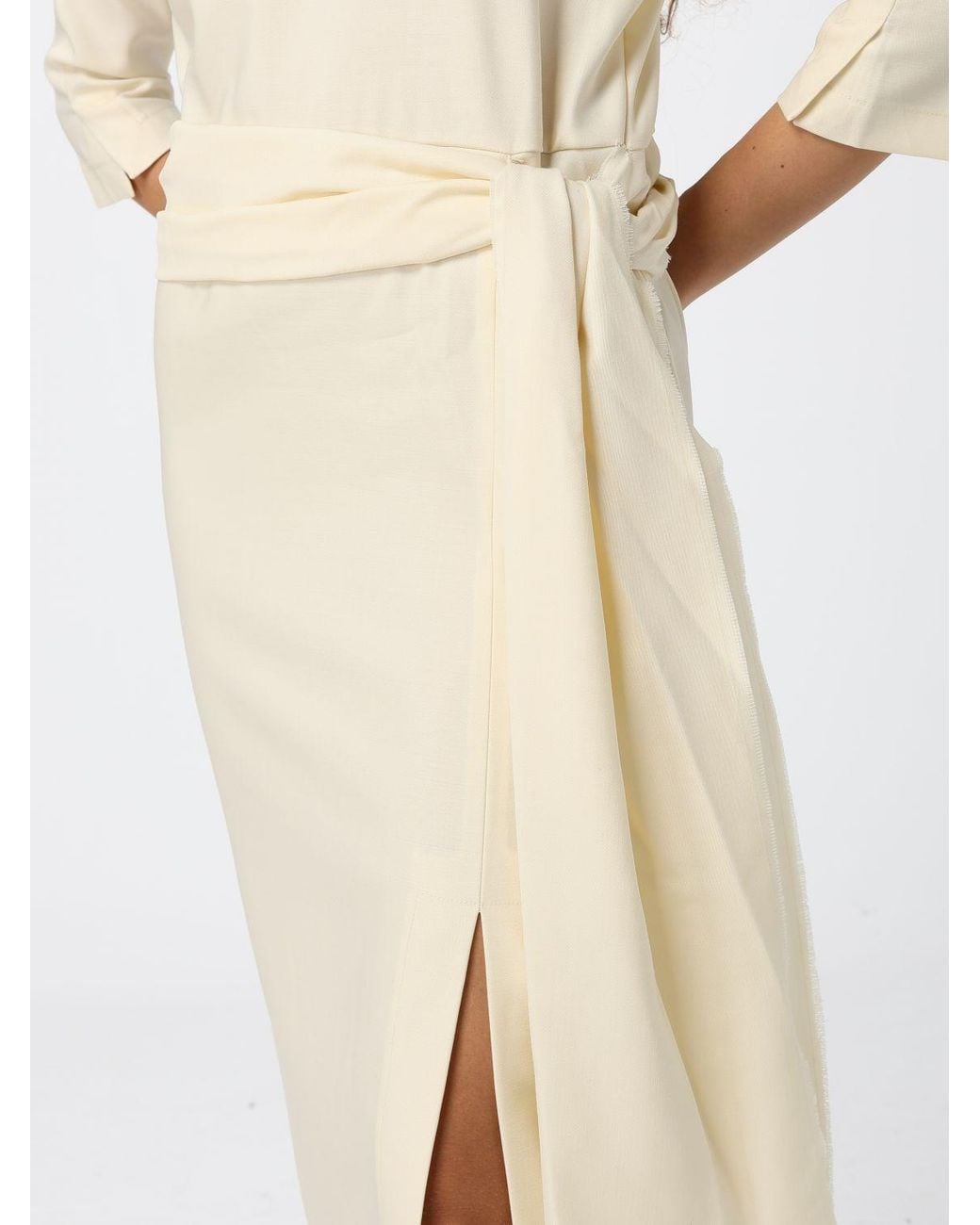 Crida Milano Natural Gertrude Wool Midi Sheath Dress With Long Sleeves And Waist Belt