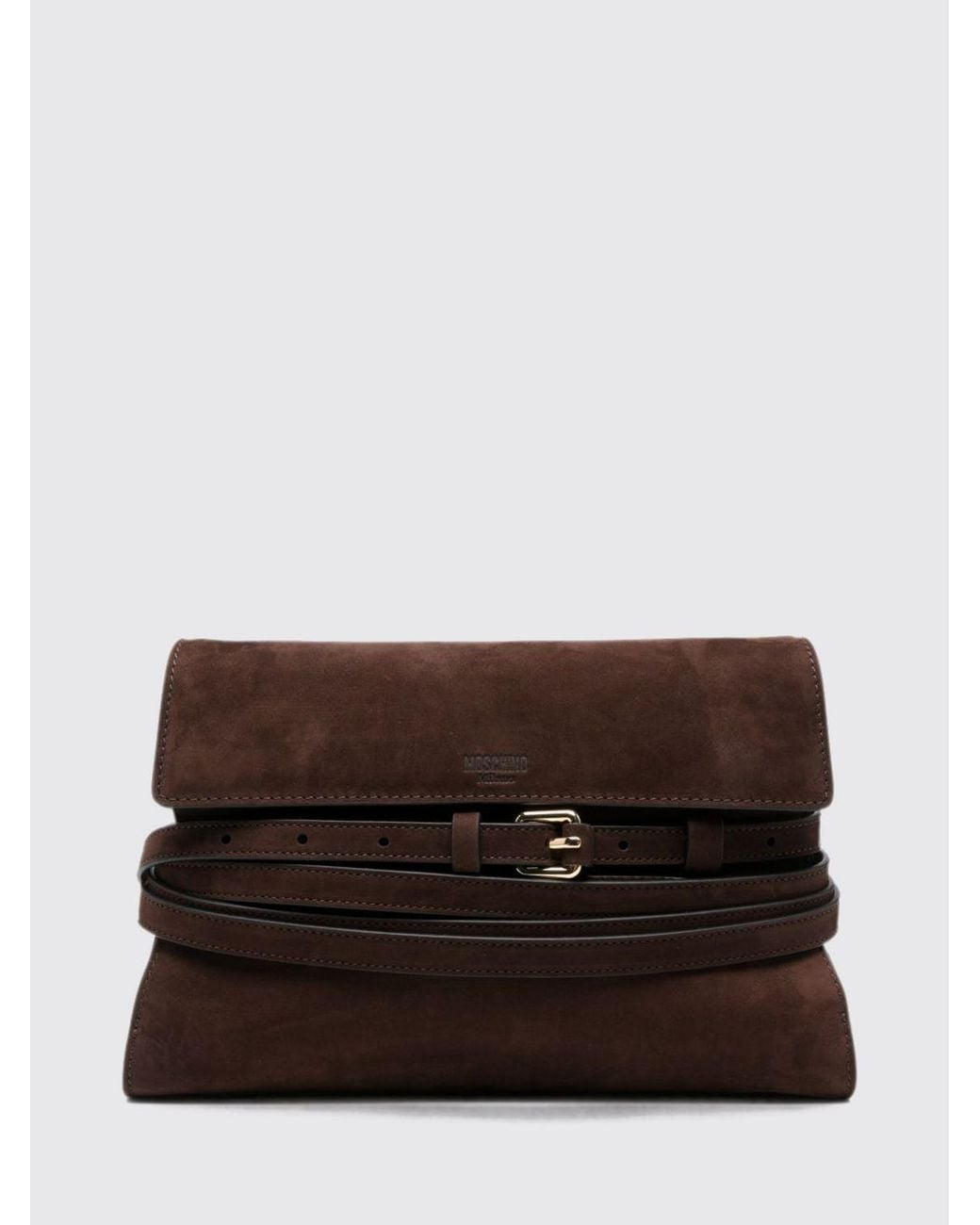 Moschino Couture Brown Suede Clutch With Flared Design And Shoulder Strap