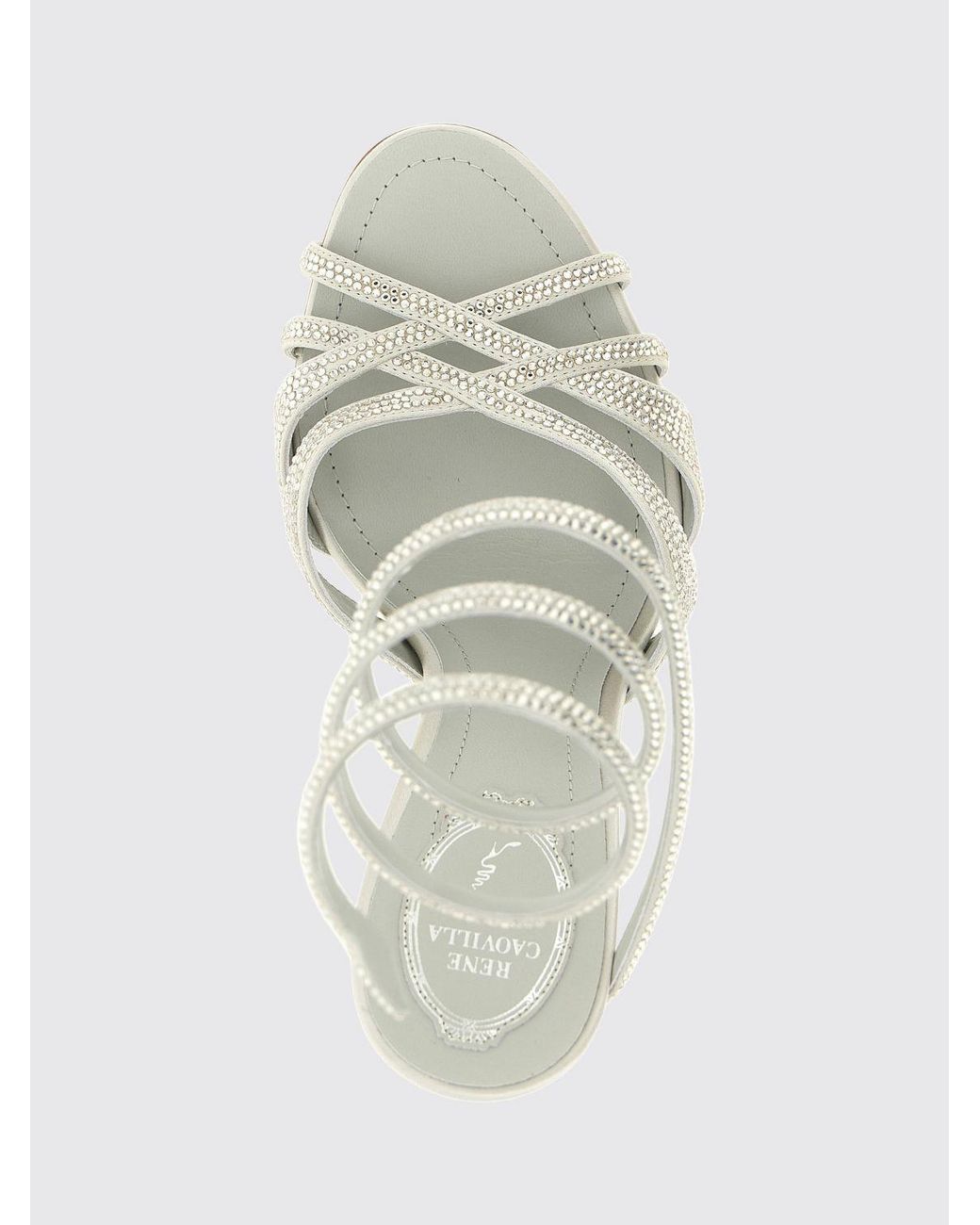 Rene Caovilla White High-Heeled Satin Sandals With Rhinestone-Covered Snake Strap