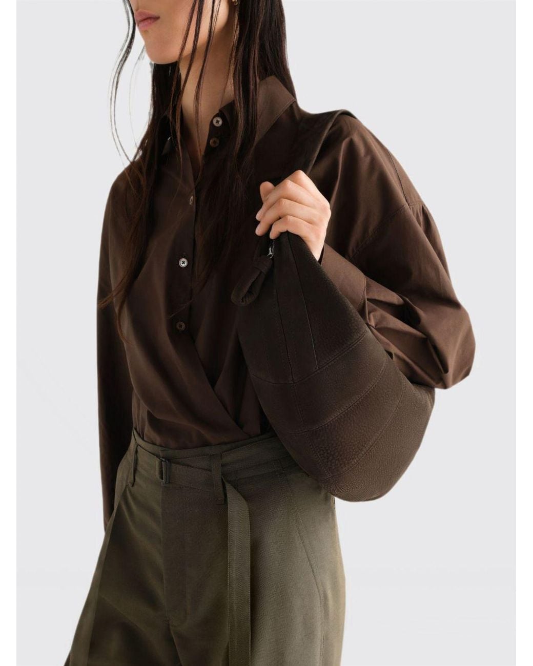 Lemaire Metallic Crescent-Shaped Nubuck Leather Shoulder Bag With Zip Closure