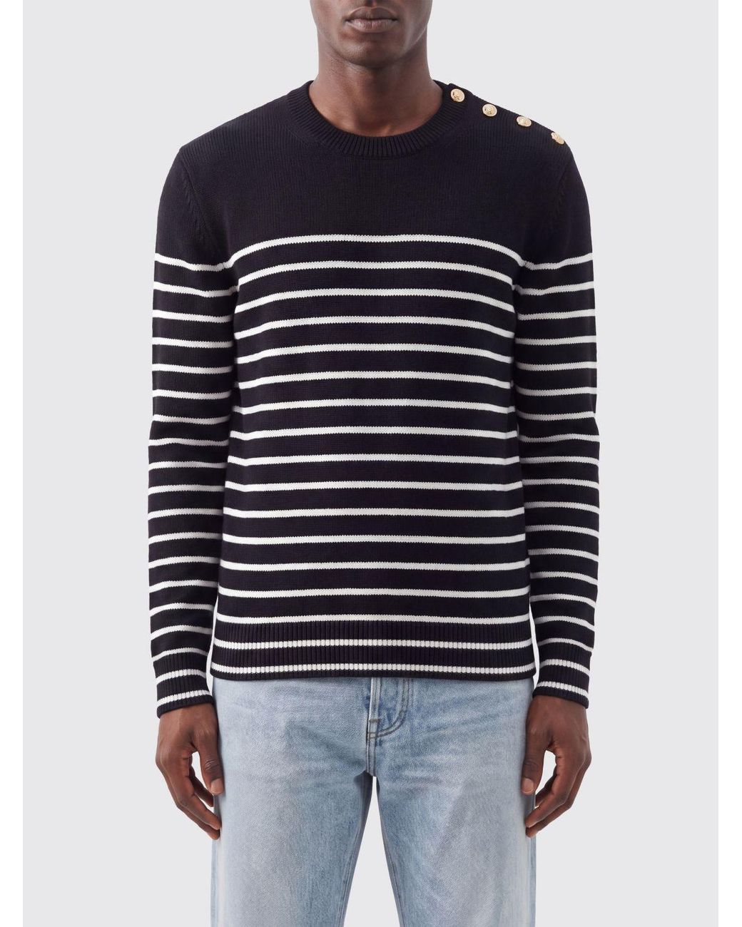 Dolce & Gabbana Blue Dolce &Amp Gabbana Striped Wool-Blend Crewneck Jumper With Shoulder Buttons for men