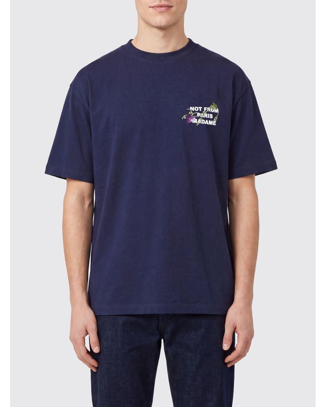 Drole de Monsieur Blue Slogan Print Cotton T-Shirt With Dropped Shoulders for men