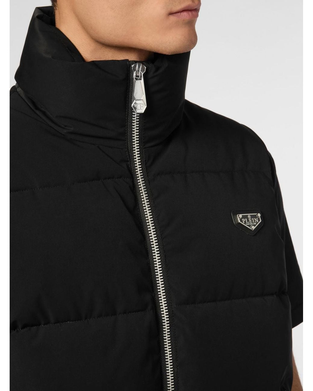 Philipp Plein Black High Neck Padded Technical Fabric Vest With Zip for men