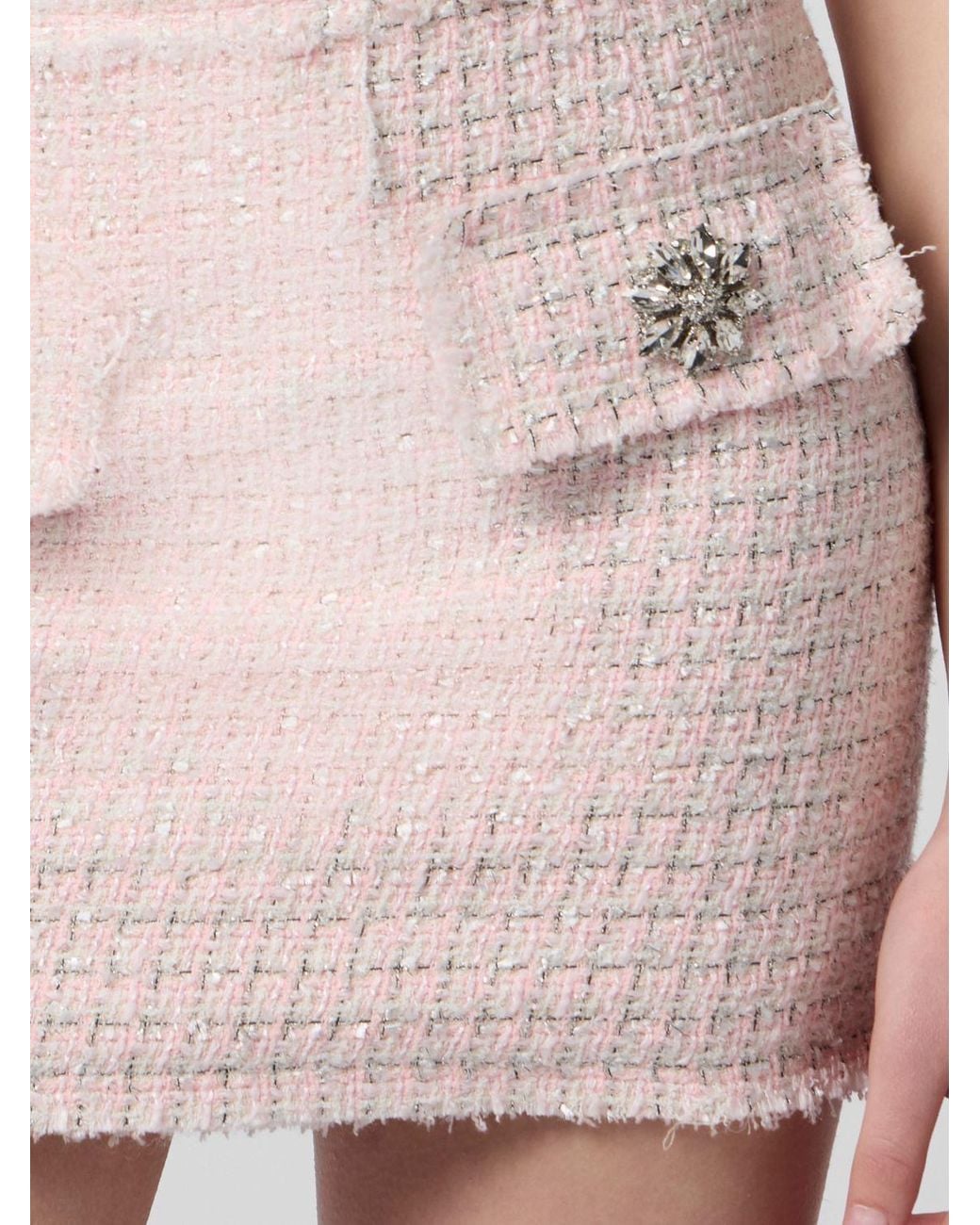 Philipp Plein Pink High-Waisted Tweed Pencil Mini Skirt With Jewel Buttons