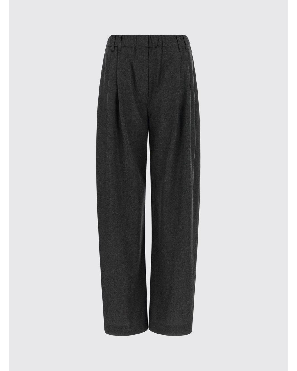 Brunello Cucinelli Black High-Waisted Virgin Wool Wide Leg Trousers With Monili
